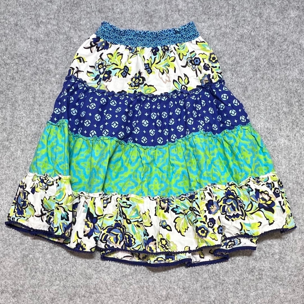The Childrens Place Girls Tiered Floral Skirt Blue Green Size 10 Smocked Waist
